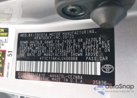 2020 Toyota Camry Le z USA, uszkodzony, nr VIN 4T1C11AK4LU400068